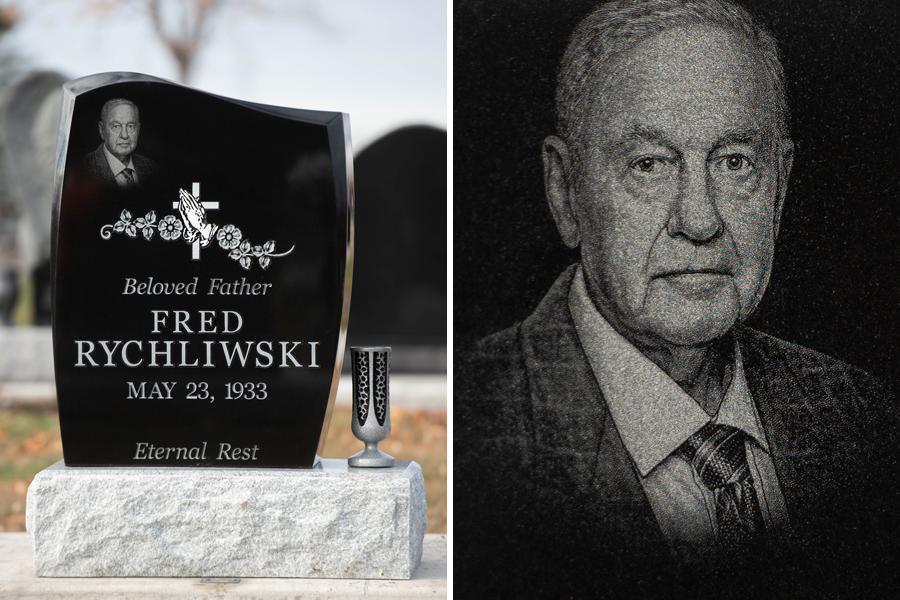A Diamond Impact Etched portrait on this custom bevel Midnight Black memorial. Midnight Black granite is the BEST choice for nearly perfect Diamond Impact Etching results. The quality of the picture provided will determine how well our graphic artist can covert a photo to a suitable Diamond Impact etching for granite surfaces. It is recommended that you supply a clear high resolution image, either digitally in the highest DPI or a good physical copy.