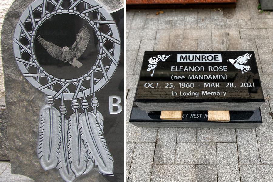A sandblasted eagle (right) vs. a Diamond Impact Etched eagle (left) - Any sandblasted designs (flowers, crosses, hobbies etc.) are always included in the quote of a memorial. Diamond Impact Etching is an additional investment and is considered to be a customization to a memorial. Diamond Impact etching will capture an exact photo you provide of an individual, pet, car, scene etc.,. 