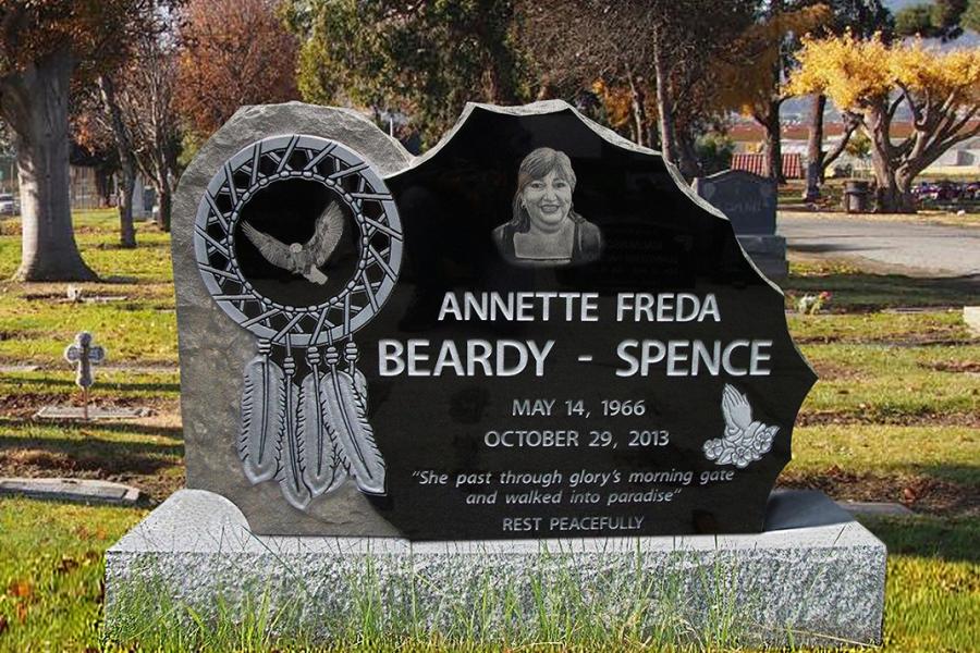 Beardy-Spence, Midnight black custom design dream-catcher memorial installed in Cross Lake First Nations cemetery 