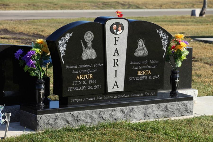 Faria, Midnight Black custom design memorial installed in Assumption cemetery.