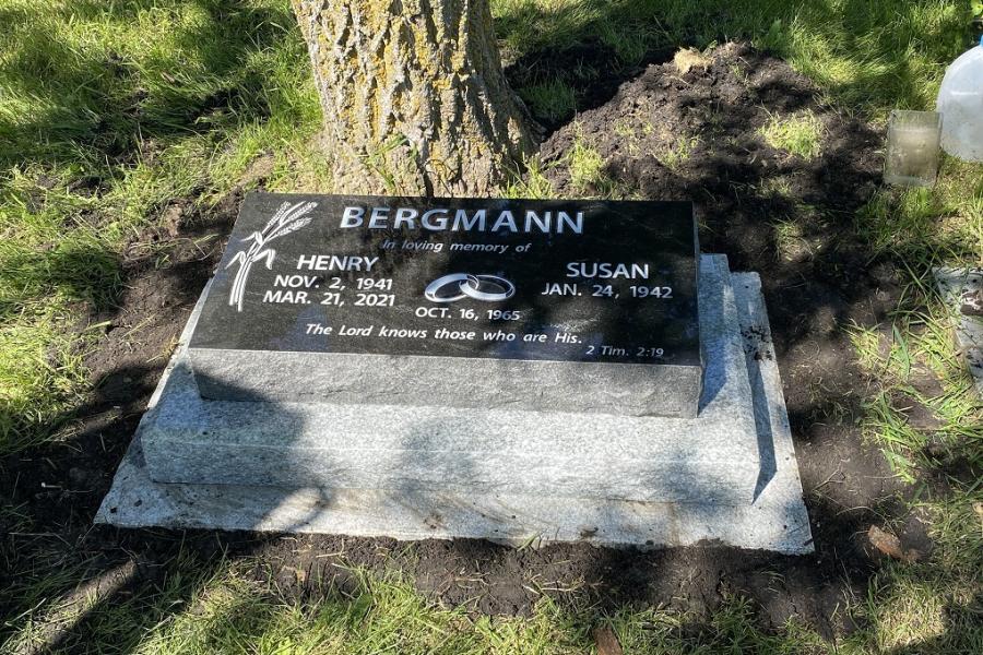 Bergmann, 30 x 14 x 6/4 Jet Mist pillow marker installed in the Glen Lea Mennonite cemetery Glen Lea, Manitoba