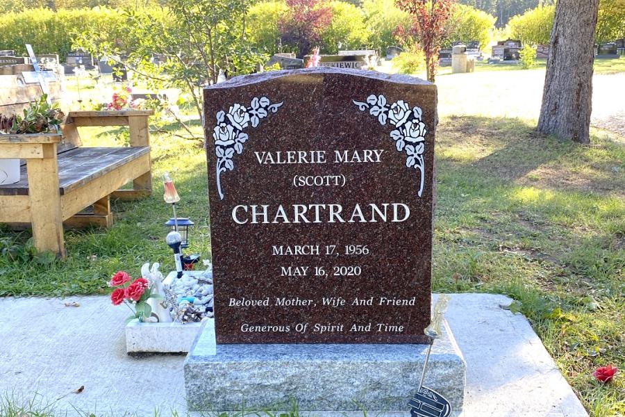 Chartrand, Desert Rose traditional single memorial installed in Lakeview cemetery The Pas, Manitoba