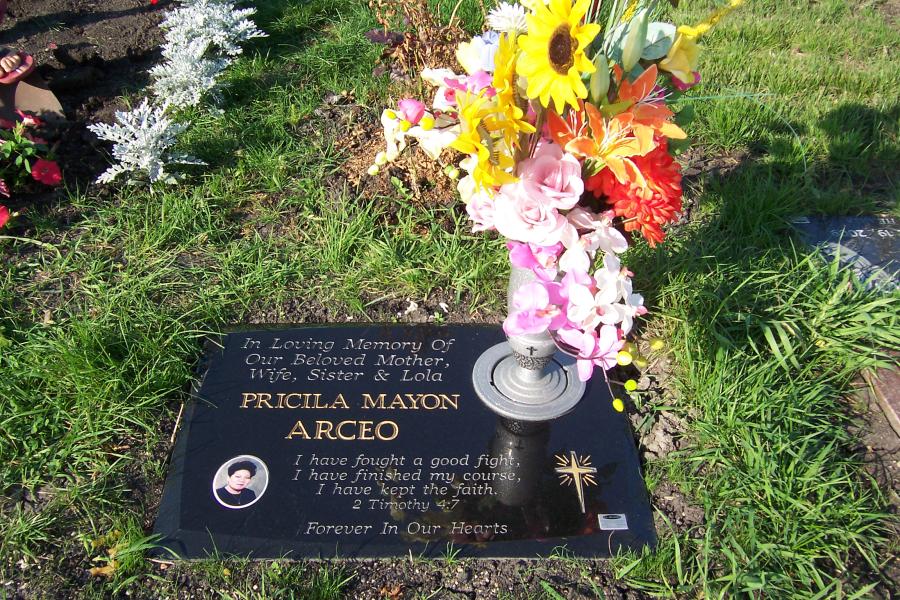 Arceo, a  28 x 16 x 4 with a built in in-ground vases. Be sure to check with your cemeteries regulations. In the case they are allowed, we offer custom flat grass markers with attached and de-attached in-ground vases as shown here. 
