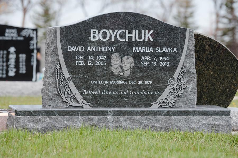 Boychuk, Custom Design Sculptured Jet Mist Memorial located in Brookside Cemetery. Features a custom matching 2" margin base.