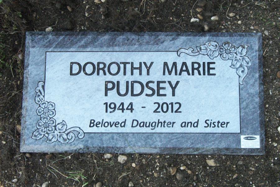 Pudsey,  20 x 10 x 4 Bahama Blue flat grass marker installed in Historic Elmwood cemetery