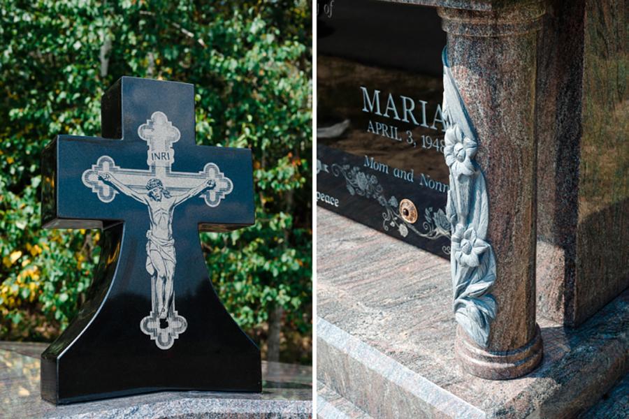 Custom Impact Etching and Shape Carving details on this beautiful custom design Mausoleum