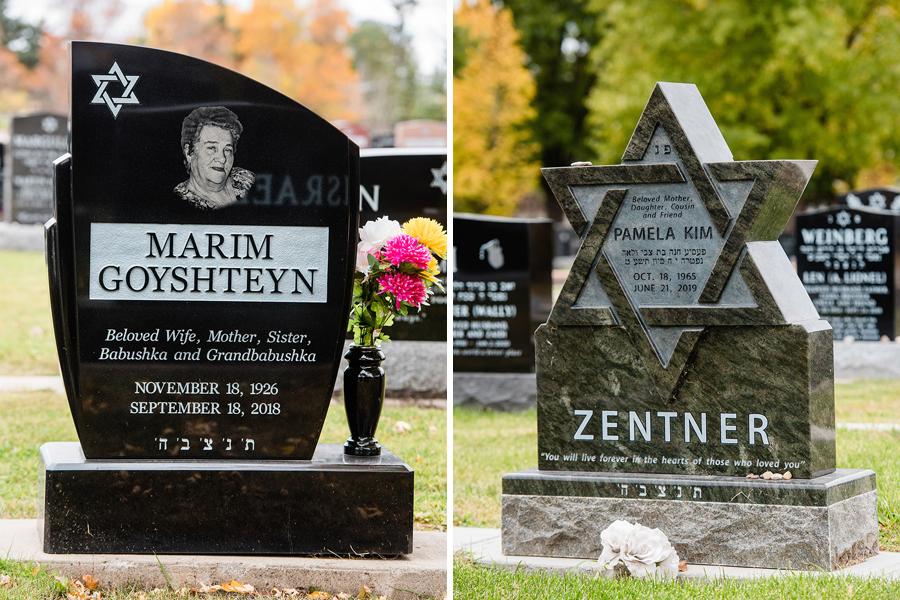 Midnight Black and Tropical Green traditional and custom design monuments installed in Shaarey-Zedek cemetery.