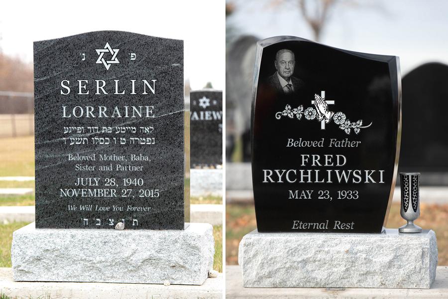 Left: Traditional style single memorial in Jet Mist granite customized all sides polished vs. Right: Traditional style Midnight black memorial customized with a bevel edge, one diamond impact etched portrait and a Metal vase both atop a standard Galaxy grey base. 