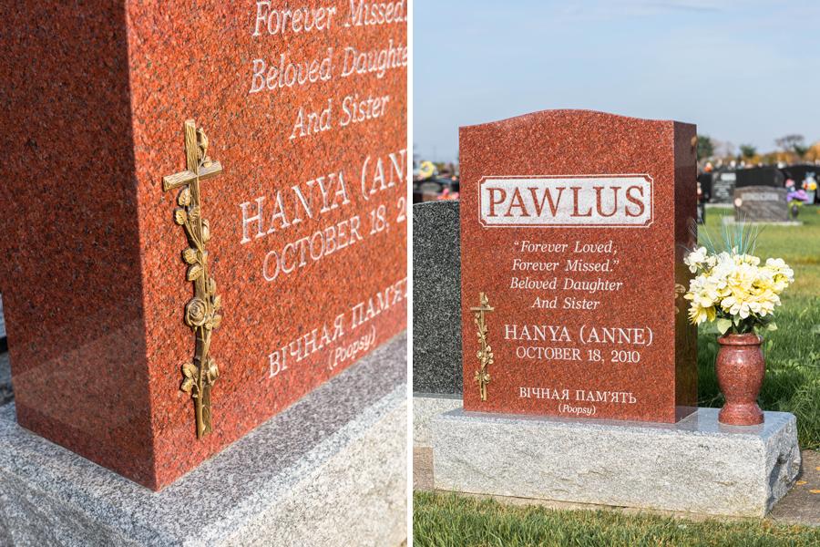 Classic Matching Granite Vase & Bronze Emblem Accessory added to this single traditional style memorial located in the Holy Family Cemetery