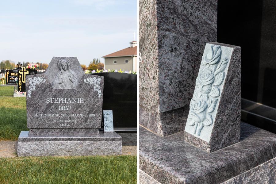 Bahama Blue Granite Flowerless Vase to accompany this beautiful custom sculptured memorial located in Holy Family Cemetery