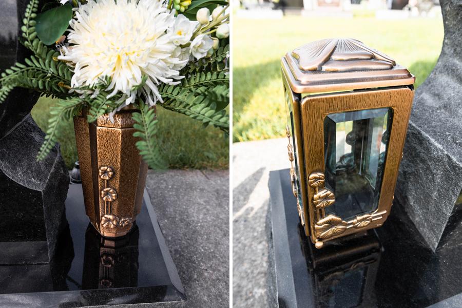 A Bronze Lantern and Matching Vases adorn this custom memorial in the Holy Ghost Cemetery