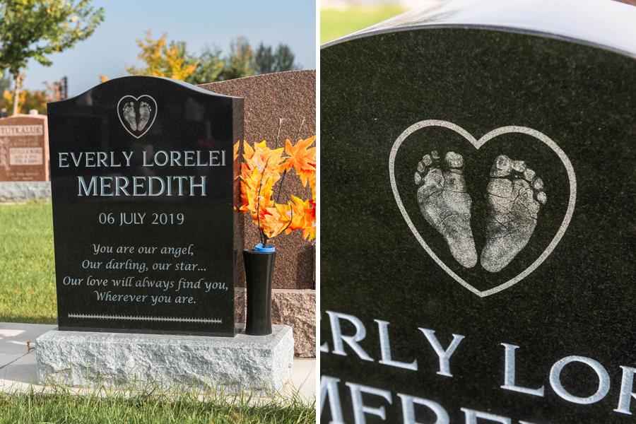 Diamond Impact Etched Footprints on this Children's memorial located in Holy Family Cemetery