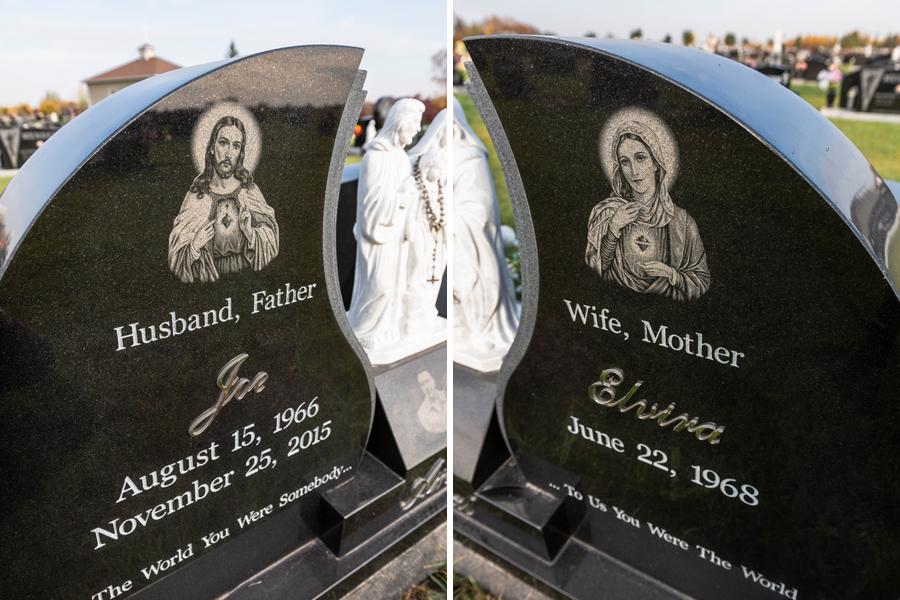 Stainless Steel given & family names, custom Diamond Impact Etchings and statue adorn this custom Amaral family memorial in the Holy Family Cemetery
