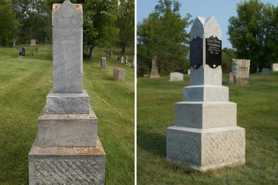 When an old marble memorial is no longer legible and the soft marble has deteriorated, we often suggest considering a custom granite plaque. Adding a plaque is considered a custom order, we measure and photograph the original memorial and create a CAD drawing that is sent to our manufactures, this is to ensure we maintain the size and design/style unique to the history of your existing memorial. 