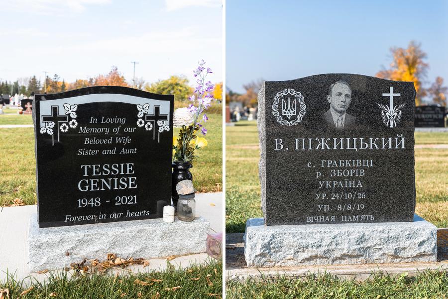 Single Upright monuments in Midnight Black and South African Britt's Blue on Galaxy Grey Bases. A galaxy grey base is the neutral coloured base that pairs with any memorial choice. These two memorials are a very common size for an individual memorial. Memorials can come in 6" and 8" thickness.