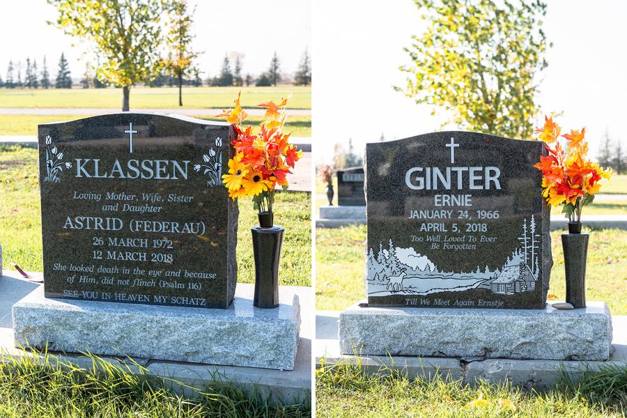 Two identical sized Traditional Style single memorials with one matching vase located in the Transcona Cemetery.