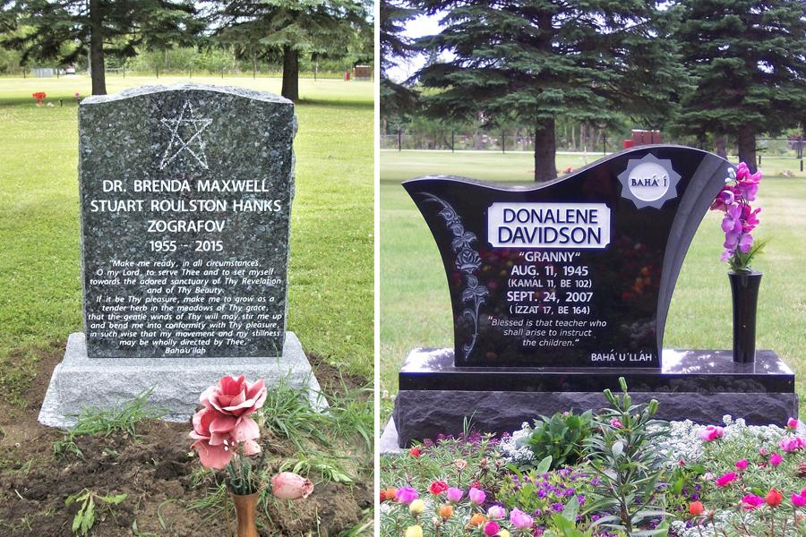 Two beautiful custom design Baháʼí memorials located in the St. Clements Cemetery in Selkirk, Manitoba.
