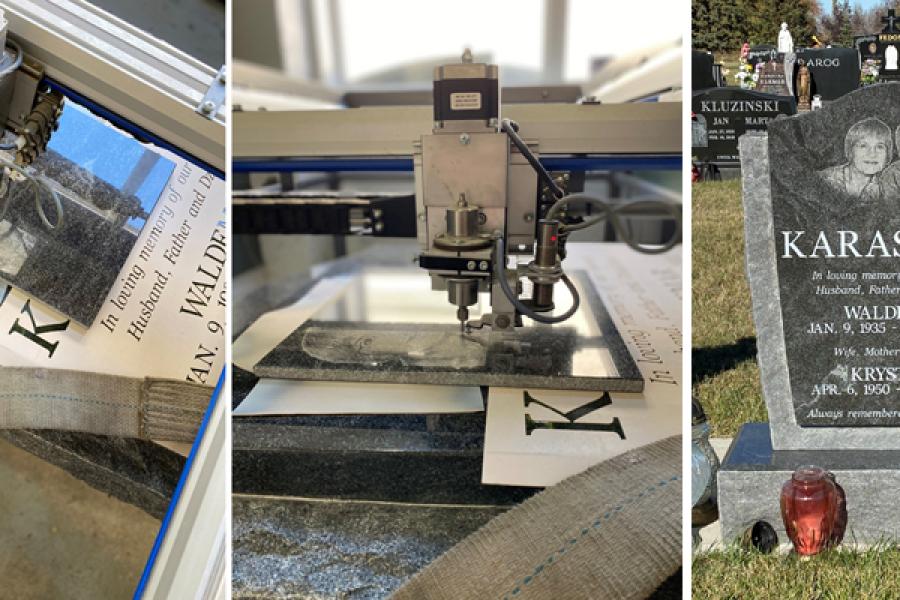 Karasinski, shown here is our Diamond Impact Etching Machine completing the portraits on a custom design Jet Mist memorial. The finished result has turned out beautiful and has recently been installed in the cemetery.
