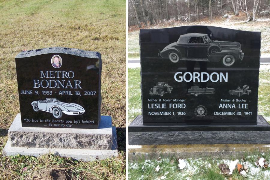 A sandblasted car (left) vs. a Diamond Impact Etched vintage car (right) - Any sandblasted designs (flowers, crosses, hobbies etc.) are always included in the quote of a memorial. Diamond Impact Etching is an additional investment and is considered to be a customization to a memorial. Diamond Impact etching will capture an exact photo you provide of an individual, pet, car, scene etc.,. Gordon is a vintage car collector.
