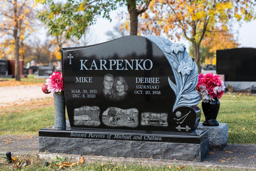 Karpenko, Custom Design Sculptured Tulip memorial on a matching 2" polish margin base located in All Saints Cemetery