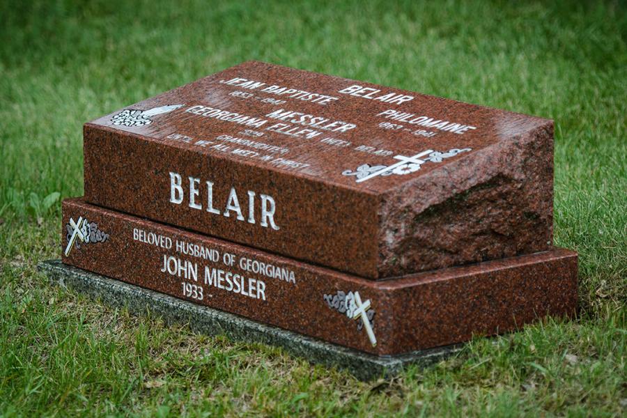 Belair, 30 x 14 x 8/5 three sides polished Imperial Red pillow marker, on a matching all polished sub base installed on a granite foundation.