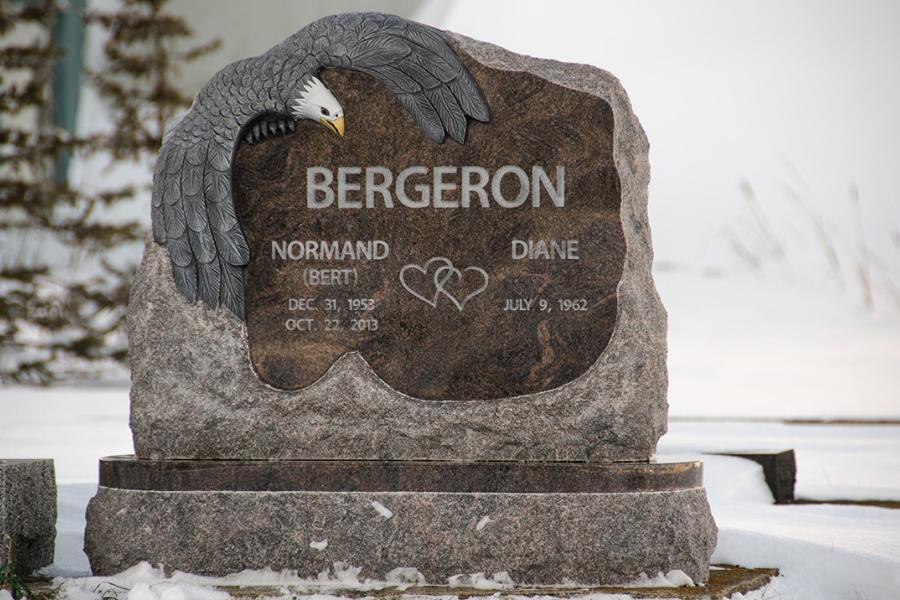 Bergeron, Himalayan Blue sculptured custom Eagle memorial located in St. Eustache cemetery.