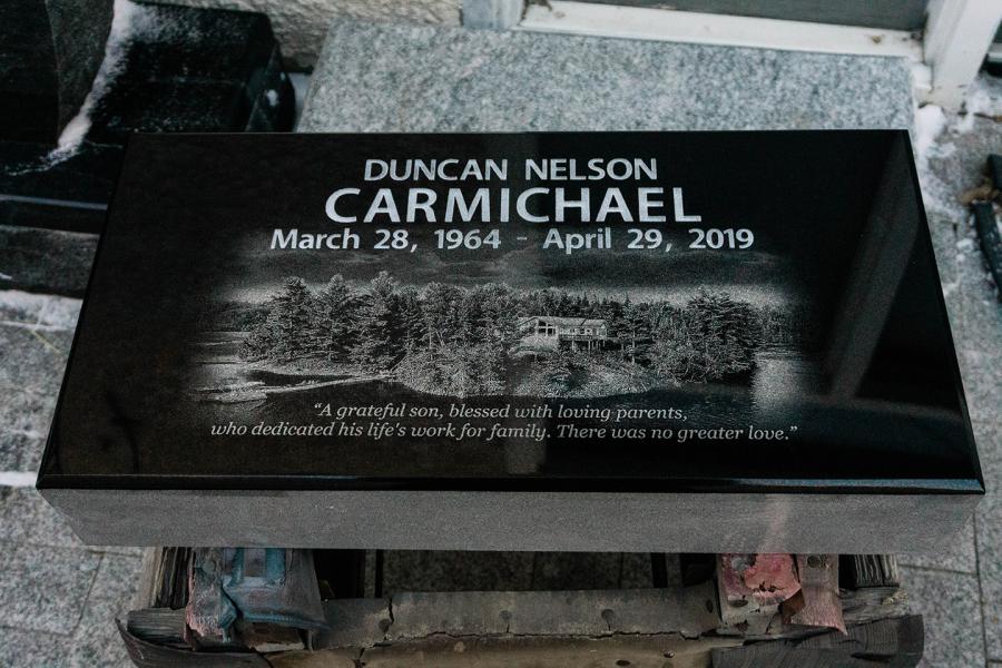 A memorable location, we added a custom diamond impact etching of the Carmichael's family cabin located in Lake of the Woods