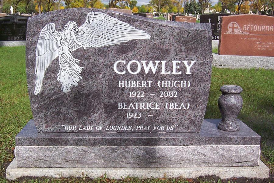 Cowley, Bahama Blue custom design bevel edge memorial installed in St. Boniface cemetery.