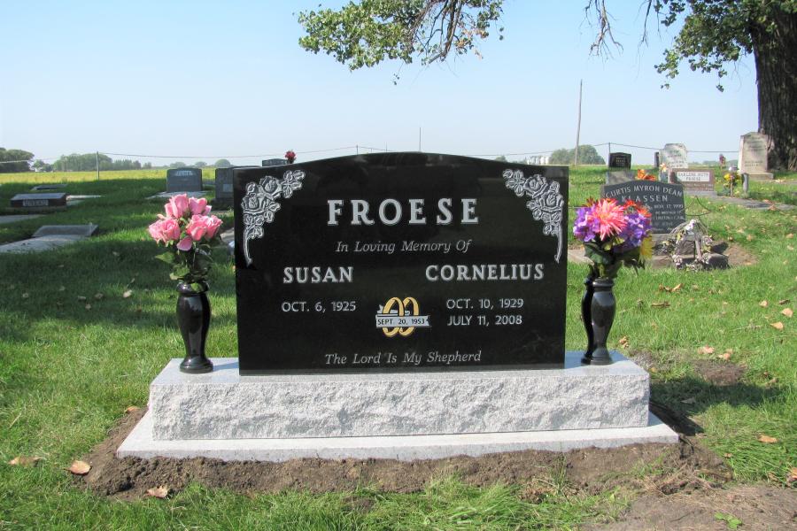 Froese, Midnight Black traditional style double  memorial on a Galaxy Grey base with two matching granite vases located in the Altona cemetery