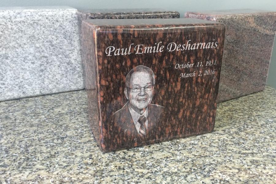 Diamond Impact Etched Portrait on a Cats Eye Brown Single Granite Urn
