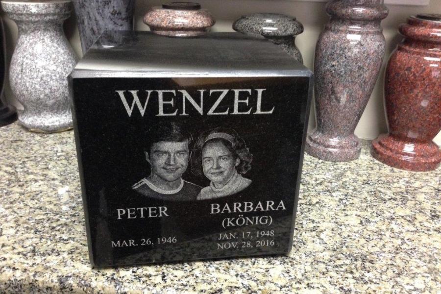 Diamond Impact Etched Double Portrait on a Midnight Black granite urn