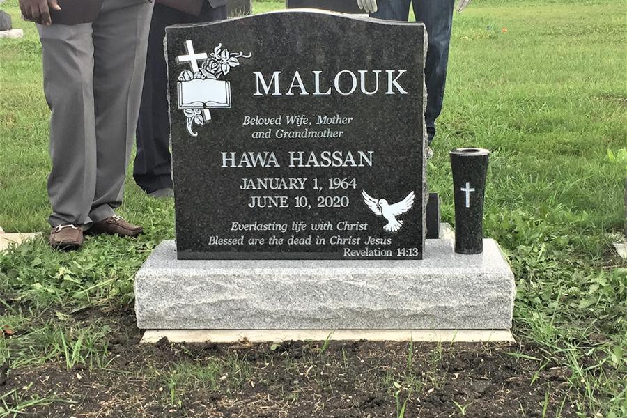 Malouk, South African Britt's Blue single memorial on a Galaxy Grey base with a matching vase located in Transcona cemetery