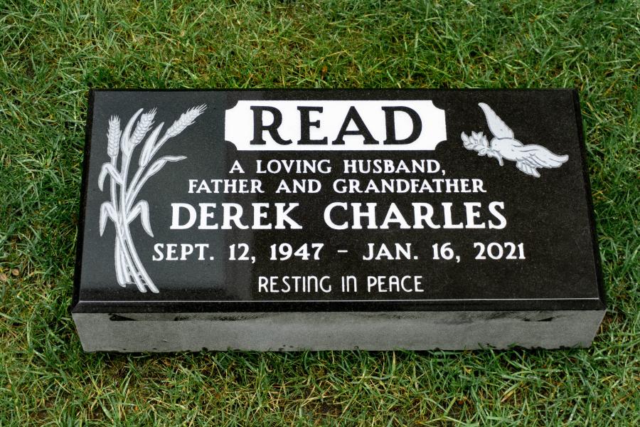 Read, 20 x 10 x 4 Midnight Black Marker featuring a wheat and dove design. The family name is feature in a panel. 