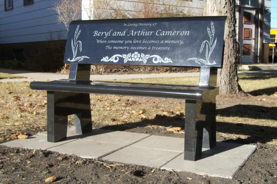Custom Midnight black granite bench located in Wawota, Saskatchewan