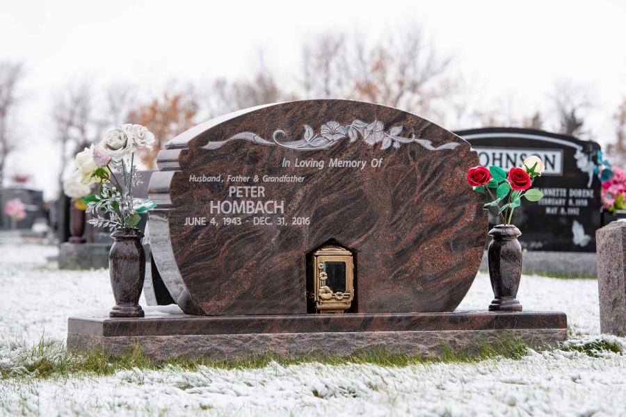 Hombach, Aurora custom design granite memorial installed in Brookside cemetery.