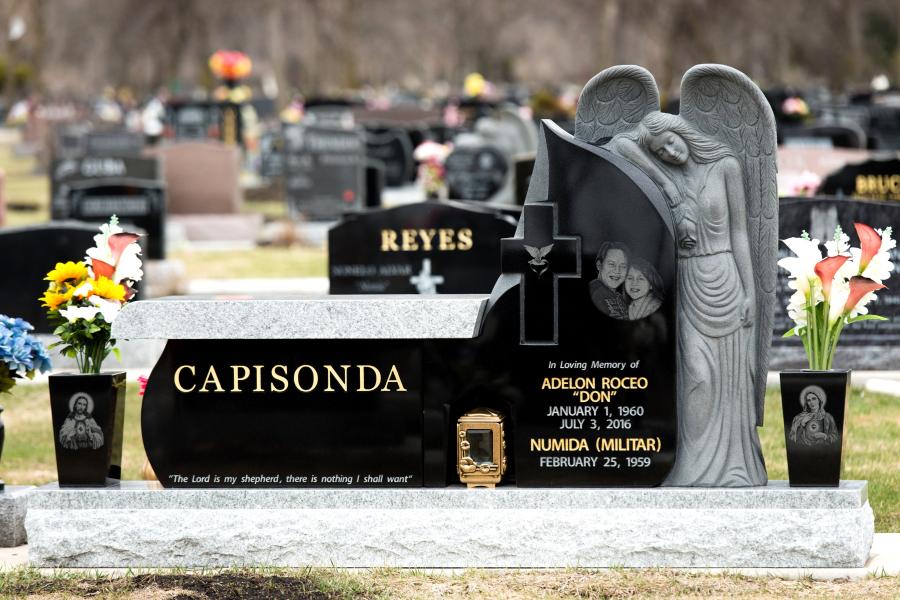 Midnight Black and Galaxy Grey Bench and Custom Sculptured Memorial installed in Brookside Cemetery