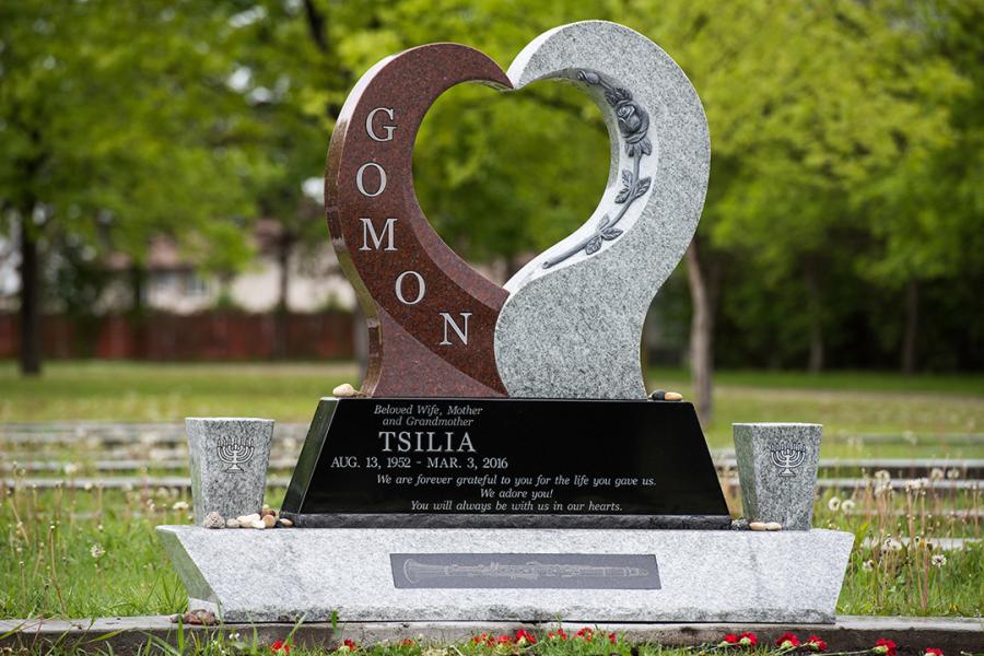 Midnight Black/Galaxy Grey and Imperial Red Custom Design sculptured heart Memorial installed in Shaarey-Zedek Cemetery. 