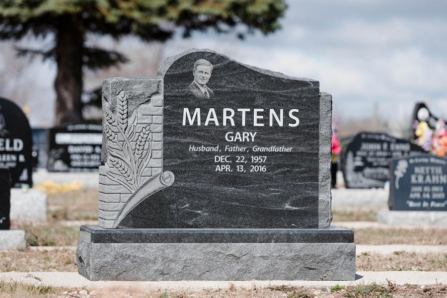Martens, Jet Mist custom design memorial installed in Grunthal cemetery, Grunthal, Manitoba