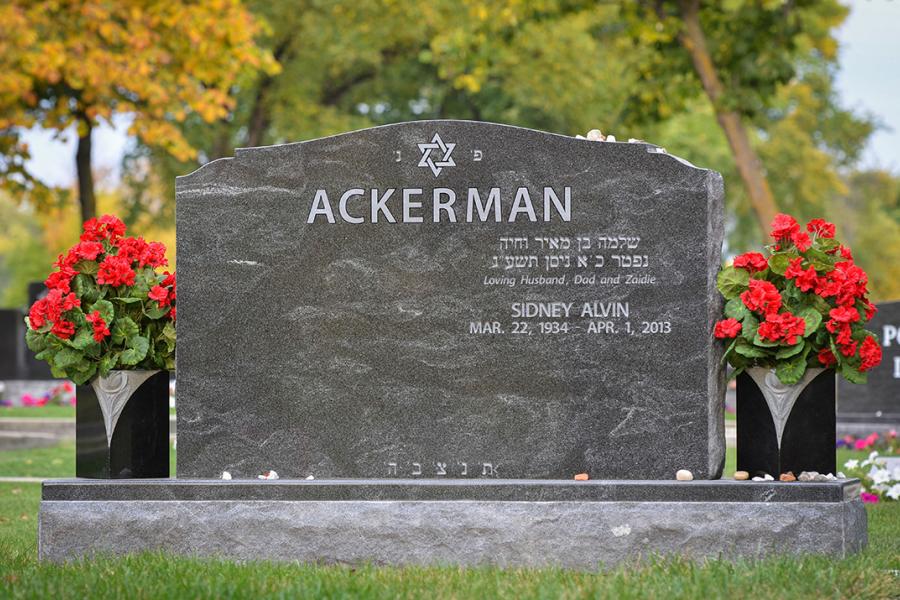 Ackerman, Jet Mist traditional double memorial installed in Shaarey-Zedek cemetery.