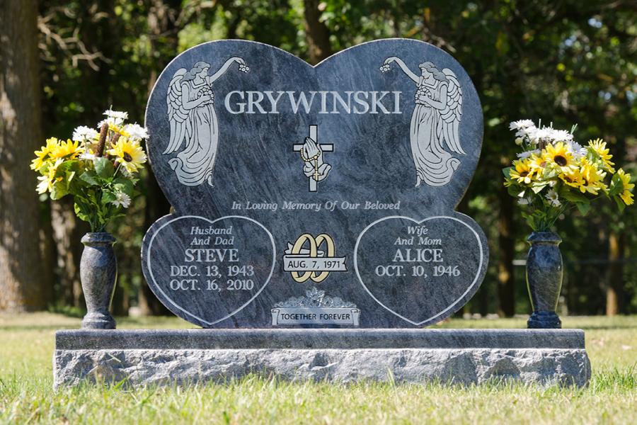 Grywinski, Bahama Blue custom design memorial installed in the Rosa cemetery, Rosa, Manitoba