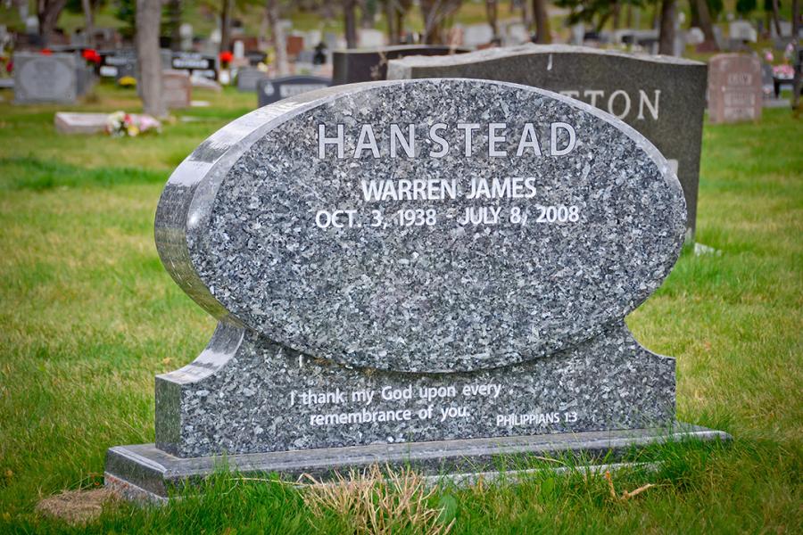 Hanstead, Blue Pearl custom design memorial installed in the Lake of the Woods cemetery, Kenora Ontario