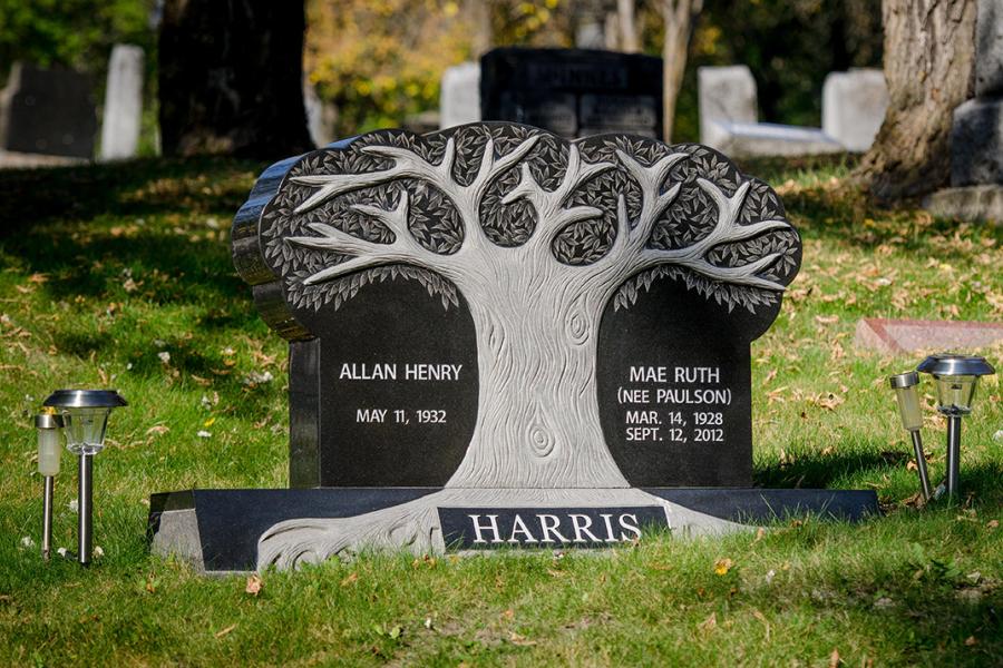 Harris, Midnight Black custom design sculptured tree installed in the Lake of the Woods cemetery Kenora, Ontario