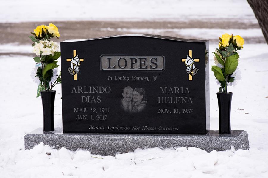Lopes, Midnight Black traditional double memorlal installed in Assumption cemetery.