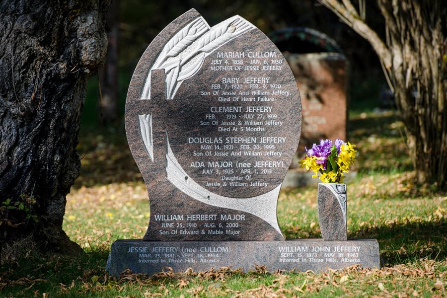 Major, Himalayan Blue custom design sculptured wheat memorial installed in Lake of the Woods cemetery Kenora, Ontario