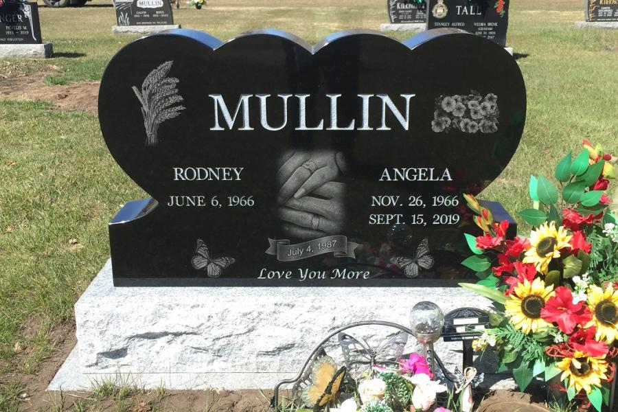 Mullin, Midnight Black traditional double heart memorial installed in Bowsman cemetery Bowsman, Manitoba