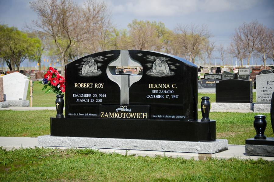 Zamkotovich, Midnight Black custom design wing memorial installed in Transcona cemetery