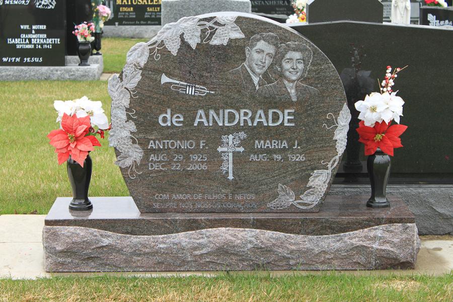 de Andrade, Paradiso custom design sculptured grapes memorial installed in Assumption cemetery.