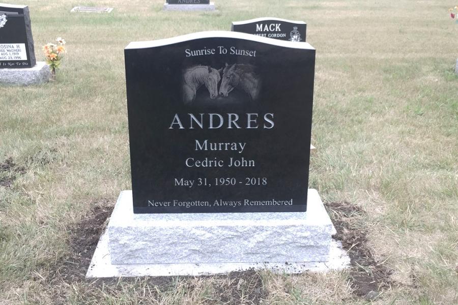 Andres, Midnight Black traditional single memorial installed in Clova Lutheran cemetery McNutt, Saskatchewan 