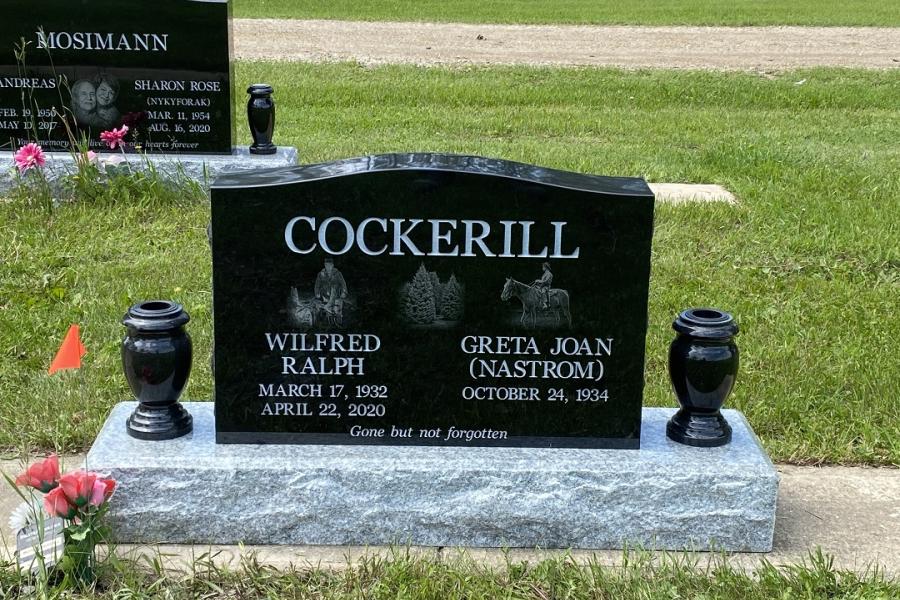 Cockerille, Midnight Black traditional double memorial installed in Roblin District cemetery Roblin, Manitoba
