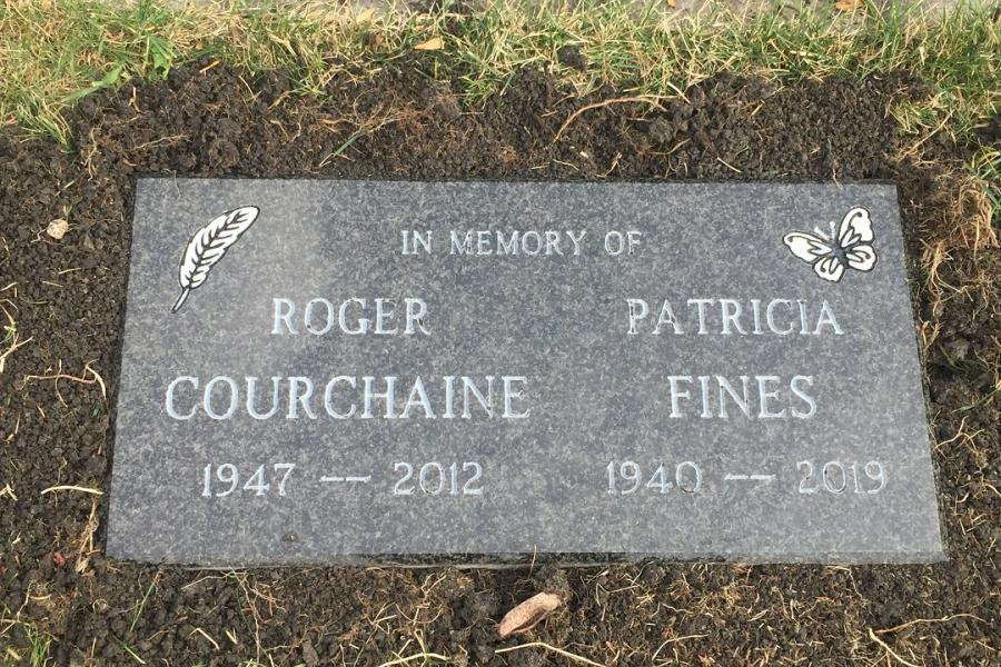 Cochrane-Fines, 24 x 12 x 4 South African Brits Blue flat grass memorial installed in St. Adolph cemetery St. Adolph, Manitoba 